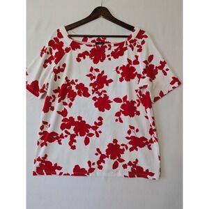 Talbots Woman 1X Top Floral Red White Short‎ Sleeve Boat Neck Casual Blouse New